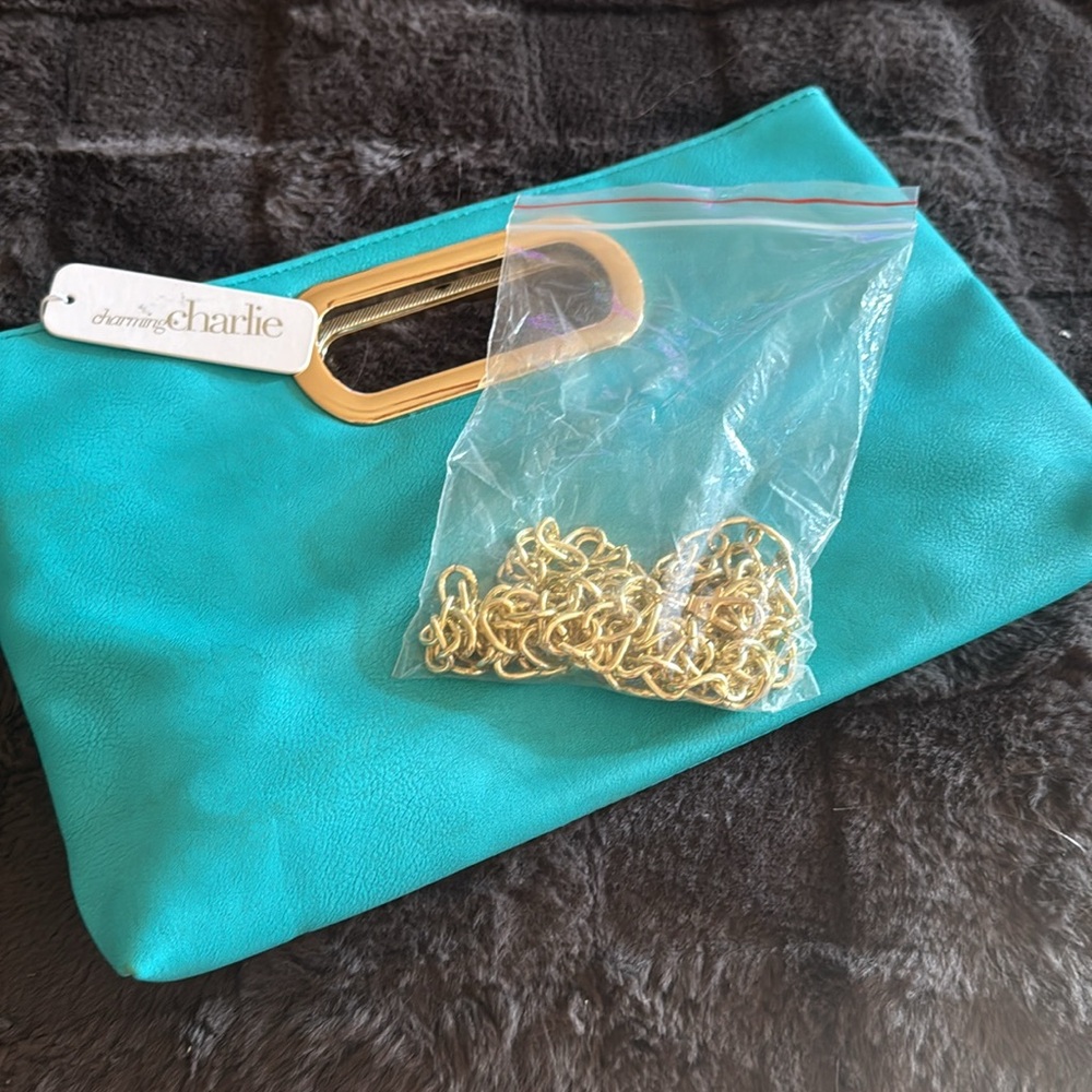 NEW NWT Charming Charlie Teal Blue Clutch/ Crossbody with Gold Handle